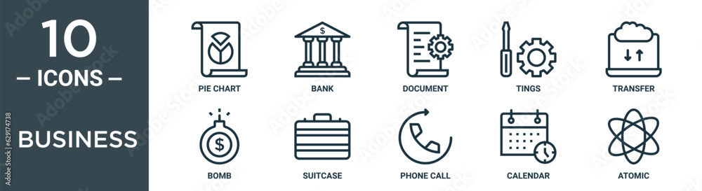 business outline icon set includes thin line pie chart, bank, document, tings, transfer, bomb, suitcase icons for report, presentation, diagram, web design business outline icon set includes thin line pie chart, bank, document, tings, transfer, bomb, suitcase icons for report, presentation, diagram, web design