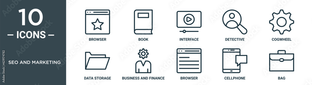 seo and marketing outline icon set includes thin line browser, book, interface, detective, cogwheel, data storage, business and finance icons for report, presentation, diagram, web design seo and marketing outline icon set includes thin line browser, book, interface, detective, cogwheel, data storage, business and finance icons for report, presentation, diagram, web design