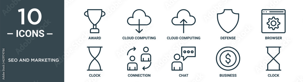 seo and marketing outline icon set includes thin line award, cloud computing, cloud computing, defense, browser, clock, connection icons for report, presentation, diagram, web design seo and marketing outline icon set includes thin line award, cloud computing, cloud computing, defense, browser, clock, connection icons for report, presentation, diagram, web design
