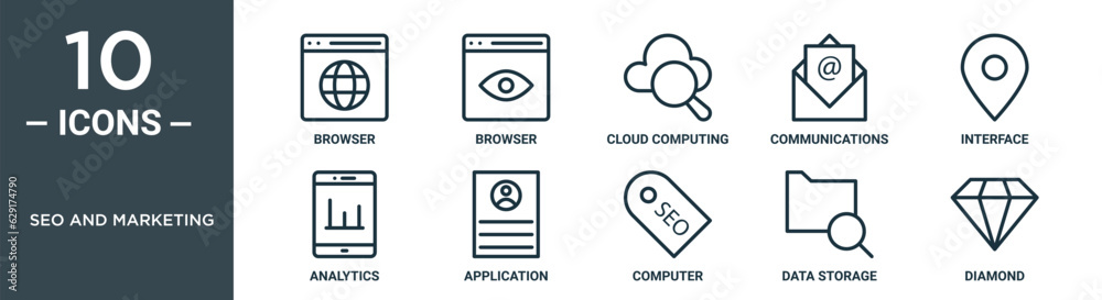 seo and marketing outline icon set includes thin line browser, browser, cloud computing, communications, interface, analytics, application icons for report, presentation, diagram, web design seo and marketing outline icon set includes thin line browser, browser, cloud computing, communications, interface, analytics, application icons for report, presentation, diagram, web design