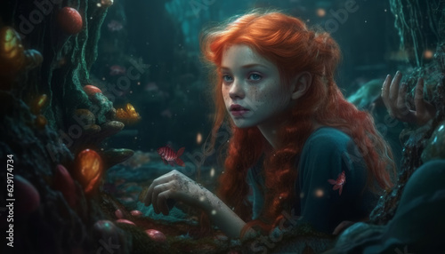 Mermaid girl with red hair in the underwater world with fish. Content created with AI