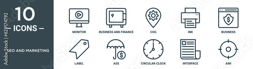 seo and marketing outline icon set includes thin line monitor, business and finance, cog, ink, business, label, ass icons for report, presentation, diagram, web design