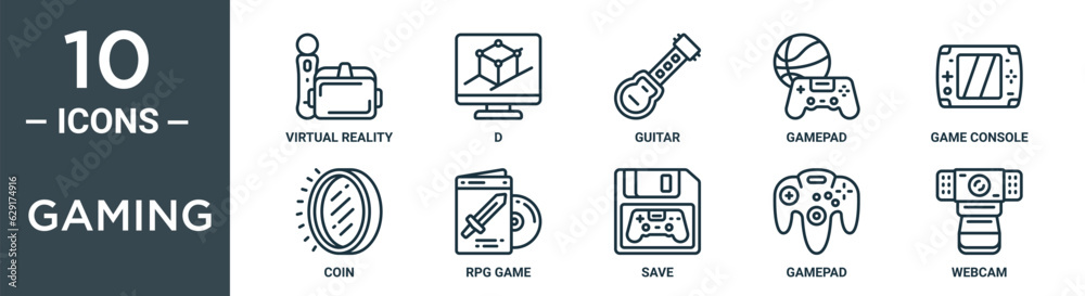 gaming outline icon set includes thin line virtual reality, d, guitar, gamepad, game console, coin, rpg game icons for report, presentation, diagram, web design