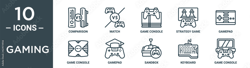 gaming outline icon set includes thin line comparison, match, game console, strategy game, gamepad, game console, gamepad icons for report, presentation, diagram, web design gaming outline icon set includes thin line comparison, match, game console, strategy game, gamepad, game console, gamepad icons for report, presentation, diagram, web design