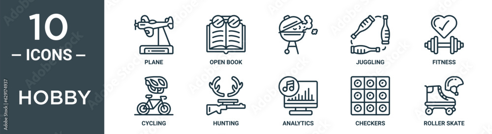 hobby outline icon set includes thin line plane, open book, , juggling, fitness, cycling, hunting icons for report, presentation, diagram, web design hobby outline icon set includes thin line plane, open book, , juggling, fitness, cycling, hunting icons for report, presentation, diagram, web design