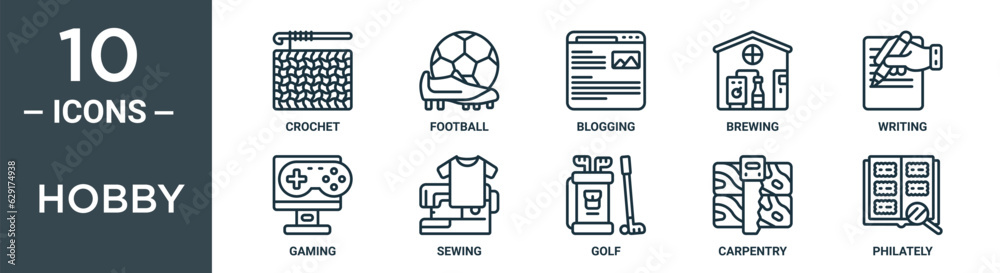 hobby outline icon set includes thin line crochet, football, blogging, brewing, writing, gaming, sewing icons for report, presentation, diagram, web design hobby outline icon set includes thin line crochet, football, blogging, brewing, writing, gaming, sewing icons for report, presentation, diagram, web design