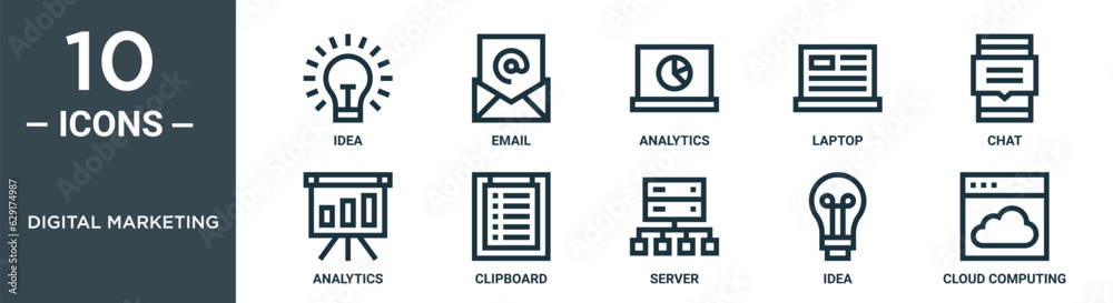digital marketing outline icon set includes thin line idea, email, analytics, laptop, chat, analytics, clipboard icons for report, presentation, diagram, web design digital marketing outline icon set includes thin line idea, email, analytics, laptop, chat, analytics, clipboard icons for report, presentation, diagram, web design