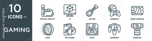 gaming outline icon set includes thin line virtual reality, d, guitar, gamepad, game console, coin, rpg game icons for report, presentation, diagram, web design