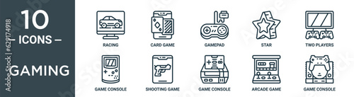 gaming outline icon set includes thin line racing, card game, gamepad, star, two players, game console, shooting game icons for report, presentation, diagram, web design