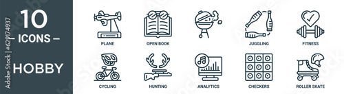 hobby outline icon set includes thin line plane, open book, , juggling, fitness, cycling, hunting icons for report, presentation, diagram, web design