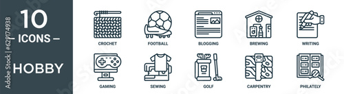 hobby outline icon set includes thin line crochet, football, blogging, brewing, writing, gaming, sewing icons for report, presentation, diagram, web design