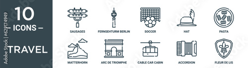 travel outline icon set includes thin line sausages, fernsehturm berlin, soccer, hat, pasta, matterhorn, arc de triomphe icons for report, presentation, diagram, web design
