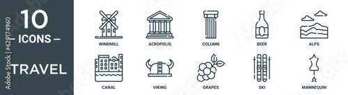 travel outline icon set includes thin line windmill, acropolis, column, beer, alps, canal, viking icons for report, presentation, diagram, web design