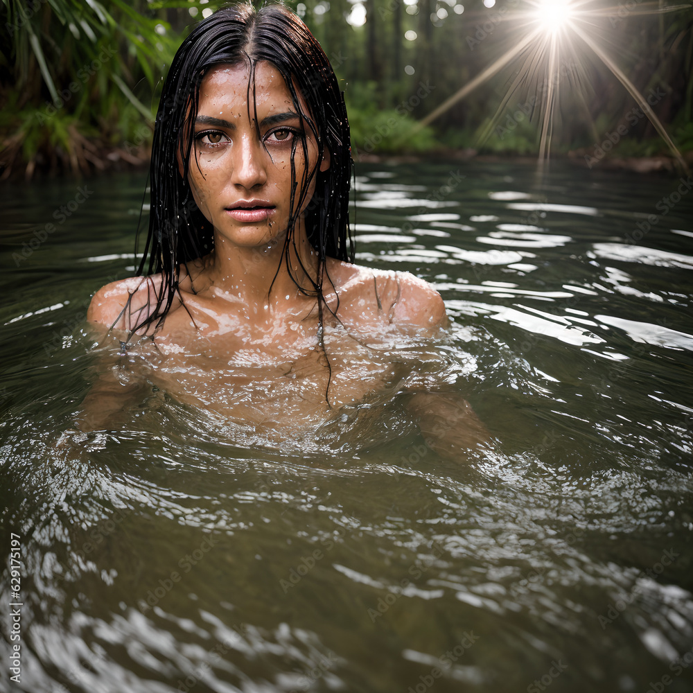 Fototapeta premium Beautiful naked woman swimming in the river