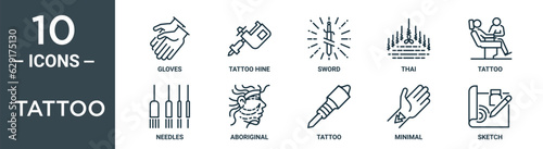 tattoo outline icon set includes thin line gloves, tattoo hine, sword, thai, tattoo, needles, aboriginal icons for report, presentation, diagram, web design