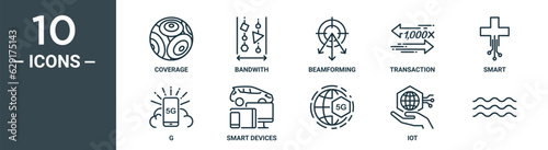 g outline icon set includes thin line coverage, bandwith, beamforming, transaction, smart, g, smart devices icons for report, presentation, diagram, web design