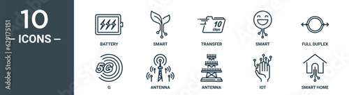 g outline icon set includes thin line battery, smart, transfer, smart, full duplex, g, antenna icons for report, presentation, diagram, web design