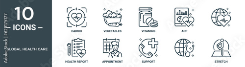 global health care outline icon set includes thin line cardio, vegetables, vitamins, app, , health report, appointment icons for report, presentation, diagram, web design