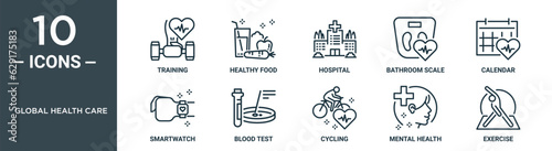 global health care outline icon set includes thin line training, healthy food, hospital, bathroom scale, calendar, smartwatch, blood test icons for report, presentation, diagram, web design