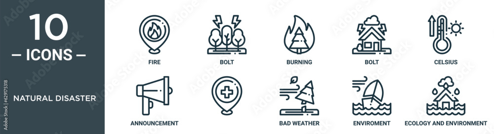 natural disaster outline icon set includes thin line fire, bolt, burning, bolt, celsius, announcement, icons for report, presentation, diagram, web design natural disaster outline icon set includes thin line fire, bolt, burning, bolt, celsius, announcement, icons for report, presentation, diagram, web design