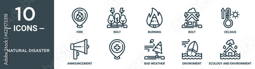 natural disaster outline icon set includes thin line fire, bolt, burning, bolt, celsius, announcement, icons for report, presentation, diagram, web design