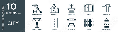 city outline icon set includes thin line playground, church, fountain, gate, cityscape, street light, street icons for report, presentation, diagram, web design