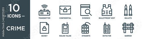 crime outline icon set includes thin line transmitter, confidential, evidence, bulletproof vest, bullets, secret, walkie talkie icons for report, presentation, diagram, web design