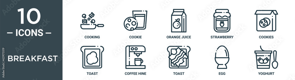 breakfast outline icon set includes thin line cooking, cookie, orange juice, strawberry, cookies, toast, coffee hine icons for report, presentation, diagram, web design