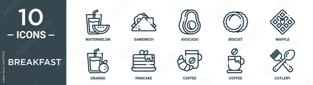 breakfast outline icon set includes thin line watermelon, sandwich, avocado, biscuit, waffle, orange, pancake icons for report, presentation, diagram, web design breakfast outline icon set includes thin line watermelon, sandwich, avocado, biscuit, waffle, orange, pancake icons for report, presentation, diagram, web design
