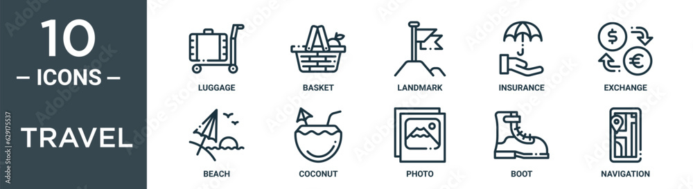 travel outline icon set includes thin line luggage, basket, landmark, insurance, exchange, beach, coconut icons for report, presentation, diagram, web design travel outline icon set includes thin line luggage, basket, landmark, insurance, exchange, beach, coconut icons for report, presentation, diagram, web design