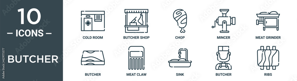 butcher outline icon set includes thin line cold room, butcher shop, chop, mincer, meat grinder, butcher, meat claw icons for report, presentation, diagram, web design