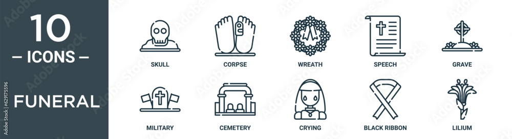 funeral outline icon set includes thin line skull, corpse, wreath, speech, grave, military, cemetery icons for report, presentation, diagram, web design funeral outline icon set includes thin line skull, corpse, wreath, speech, grave, military, cemetery icons for report, presentation, diagram, web design