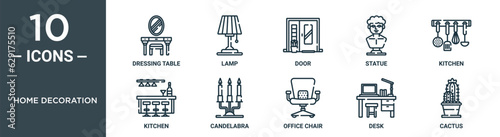 home decoration outline icon set includes thin line dressing table, lamp, door, statue, kitchen, kitchen, candelabra icons for report, presentation, diagram, web design