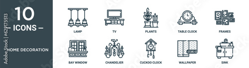 home decoration outline icon set includes thin line lamp, tv, plants, table clock, frames, bay window, chandelier icons for report, presentation, diagram, web design