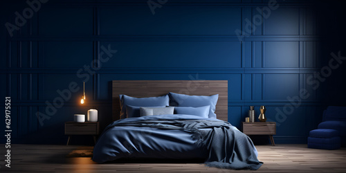 A dark blue bedroom with a blue wall and a lamp hanging above it, Interior of a classic house, a bedroom with a large bed and dark wooden furniture,dark blue bedroom interior background, generative Ai