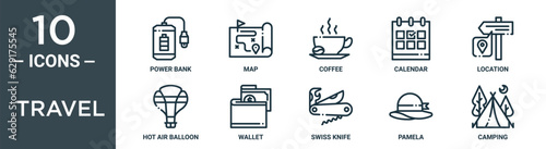 travel outline icon set includes thin line power bank, map, coffee, calendar, location, hot air balloon, wallet icons for report, presentation, diagram, web design