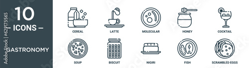 gastronomy outline icon set includes thin line cereal, latte, molecular, honey, cocktail, soup, biscuit icons for report, presentation, diagram, web design