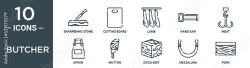 butcher outline icon set includes thin line sharpening stone, cutting board, lamb, hand saw, meat, apron, mutton icons for report, presentation, diagram, web design