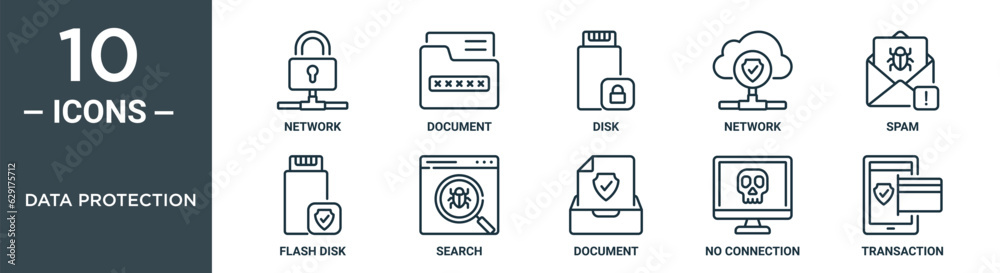 data protection outline icon set includes thin line network, document, disk, network, spam, flash disk, search icons for report, presentation, diagram, web design data protection outline icon set includes thin line network, document, disk, network, spam, flash disk, search icons for report, presentation, diagram, web design