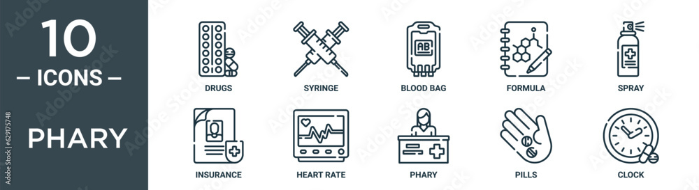 phary outline icon set includes thin line drugs, syringe, blood bag, formula, spray, insurance, heart rate icons for report, presentation, diagram, web design phary outline icon set includes thin line drugs, syringe, blood bag, formula, spray, insurance, heart rate icons for report, presentation, diagram, web design