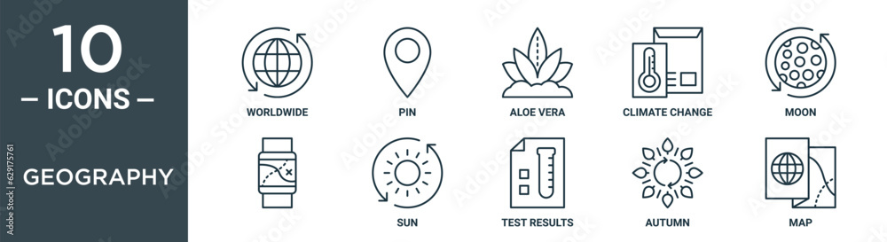 geography outline icon set includes thin line worldwide, pin, aloe vera, climate change, moon, , sun icons for report, presentation, diagram, web design geography outline icon set includes thin line worldwide, pin, aloe vera, climate change, moon, , sun icons for report, presentation, diagram, web design