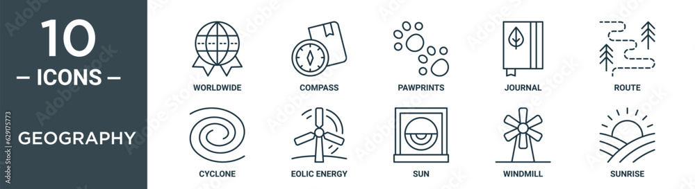 geography outline icon set includes thin line worldwide, compass, pawprints, journal, route, cyclone, eolic energy icons for report, presentation, diagram, web design geography outline icon set includes thin line worldwide, compass, pawprints, journal, route, cyclone, eolic energy icons for report, presentation, diagram, web design
