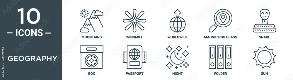 geography outline icon set includes thin line mountains, windmill, worldwide, magnifying glass, snake, box, passport icons for report, presentation, diagram, web design geography outline icon set includes thin line mountains, windmill, worldwide, magnifying glass, snake, box, passport icons for report, presentation, diagram, web design
