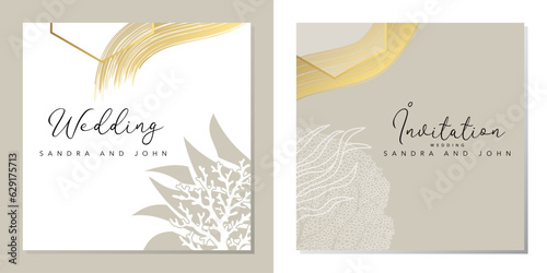 2 cartes d’invitation pour un mariage, élégante, graphique sur le thème de l’océan, couleur beige, or et blanc.