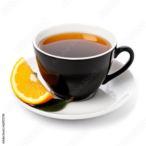 Citrusy Earl Grey tea in a black cup isolated on white background 