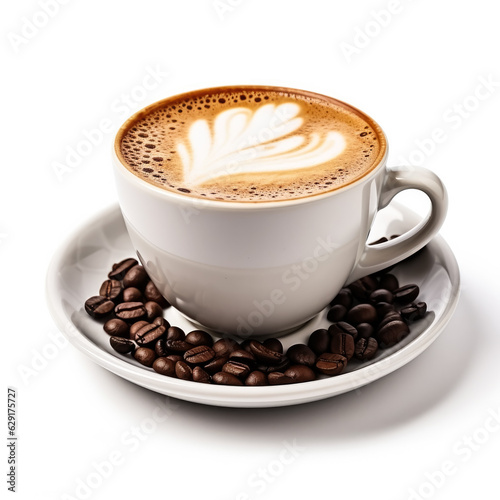 Hazelnut cappuccino in a black cup isolated on white background 