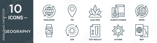 geography outline icon set includes thin line worldwide, pin, aloe vera, climate change, moon, , sun icons for report, presentation, diagram, web design