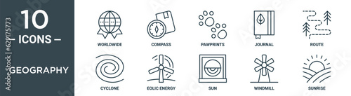 geography outline icon set includes thin line worldwide, compass, pawprints, journal, route, cyclone, eolic energy icons for report, presentation, diagram, web design photo