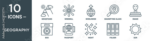 geography outline icon set includes thin line mountains, windmill, worldwide, magnifying glass, snake, box, passport icons for report, presentation, diagram, web design