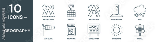 geography outline icon set includes thin line mountains, shovel, mountain, geography, hail, air sock, medicine icons for report, presentation, diagram, web design